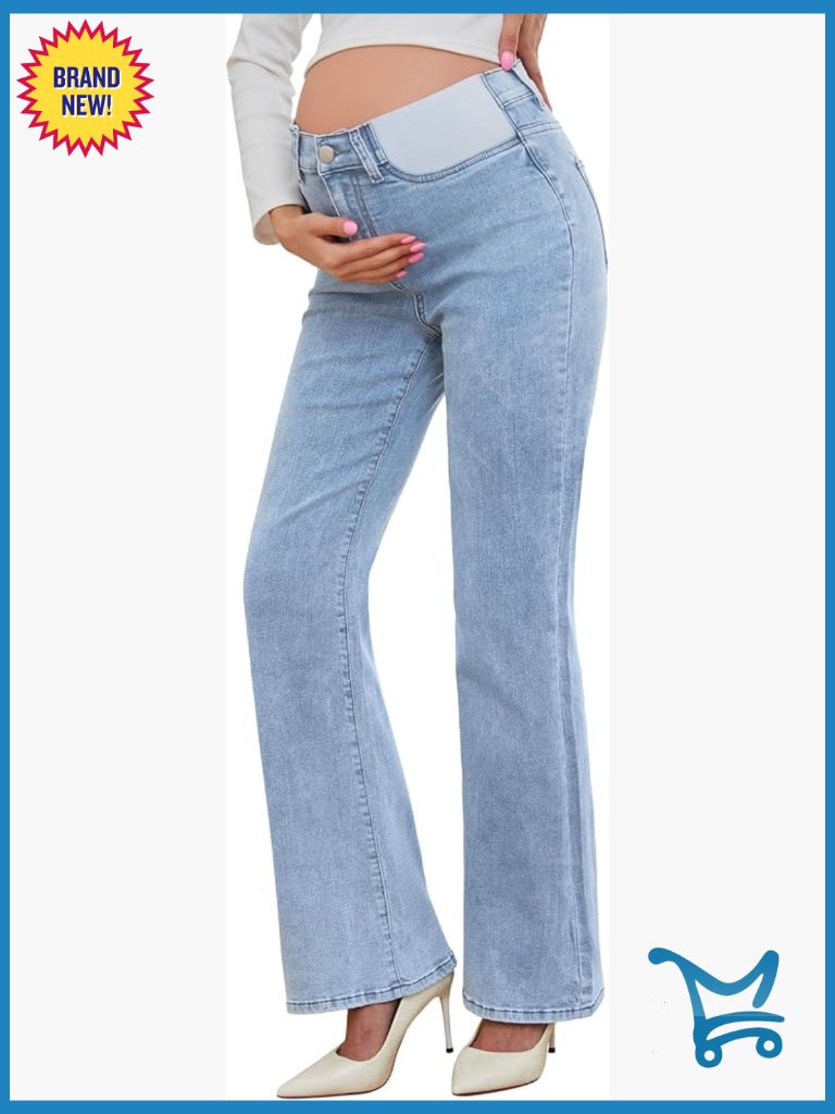 Maternity Flare Jeans Mid-Rise Stretchy Bell Bootcut Pregnancy Pants S-Xxl
